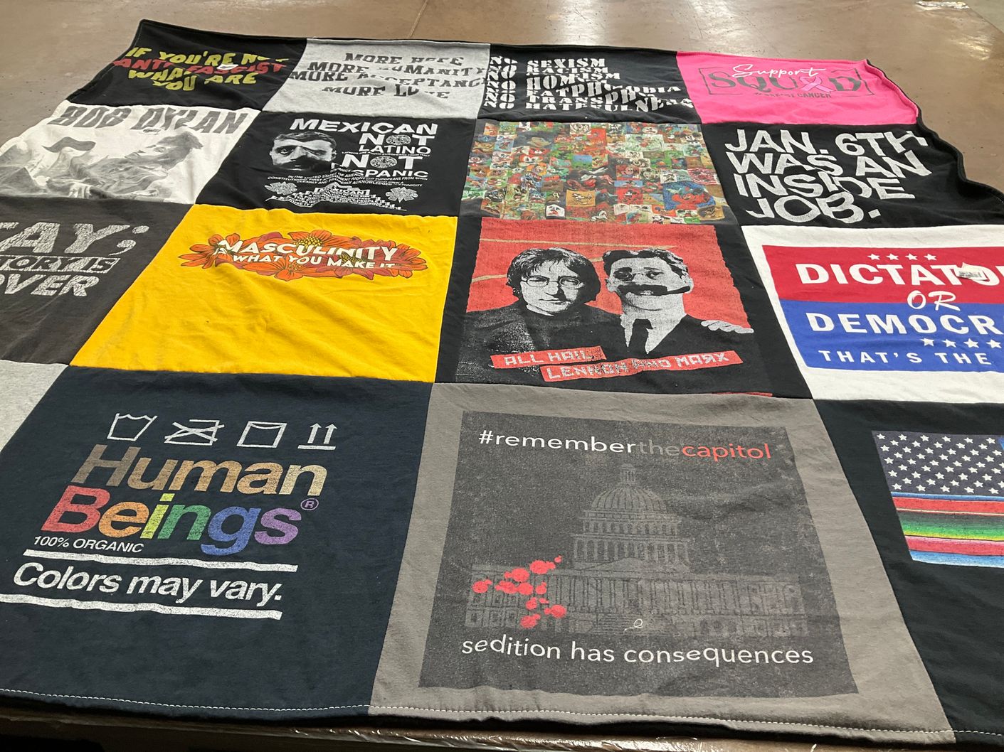 T-shirt quilt with social justice, politics themes by David from CA