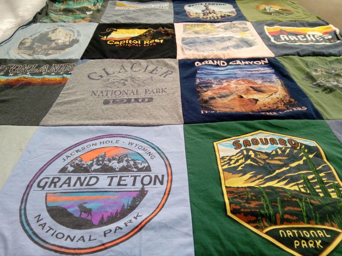T-shirt quilt with national parks, hiking themes by Brooke from CA