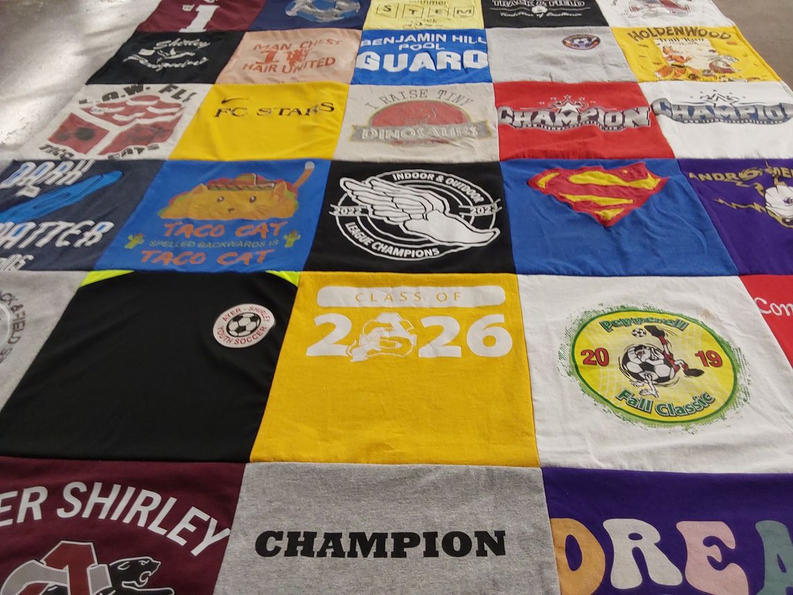 T-shirt quilt with sports, soccer themes by Kelly from MA