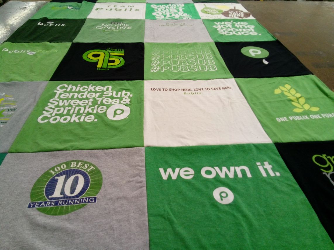 T-shirt quilt with grocery, shopping themes by John from GA