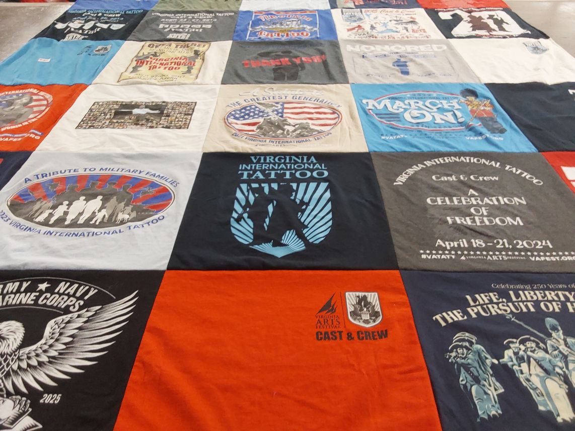 T-shirt quilt with military, tattoos themes by Kari from VA