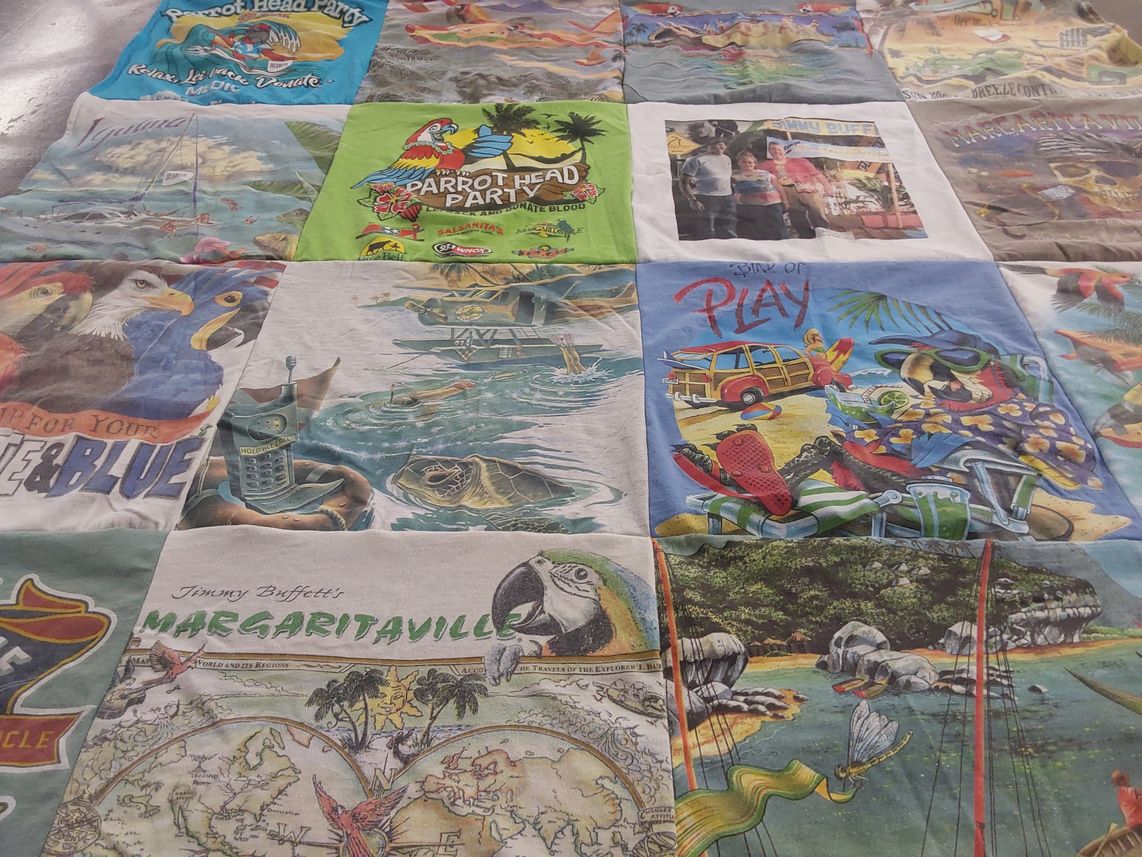 T-shirt quilt with beach, tropical themes by Tina from TN