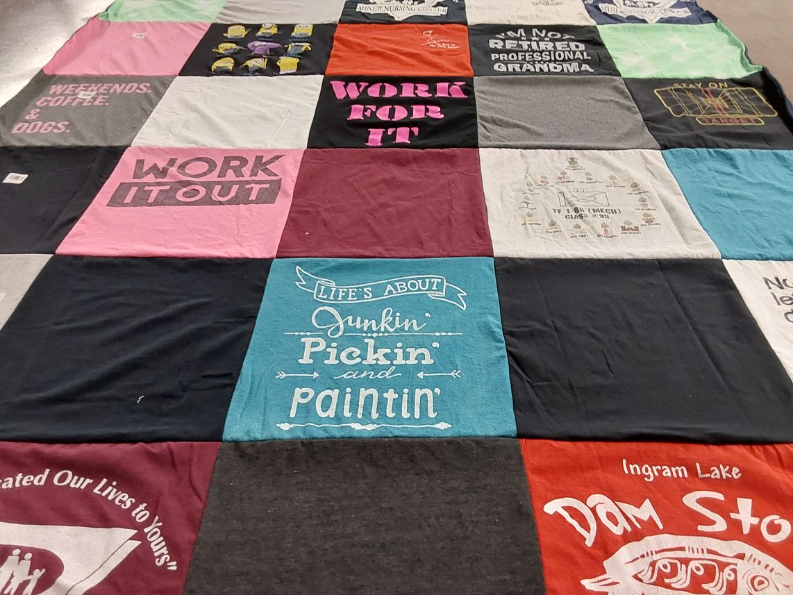 T-shirt quilt with coffee, dogs themes by Mildred from MO