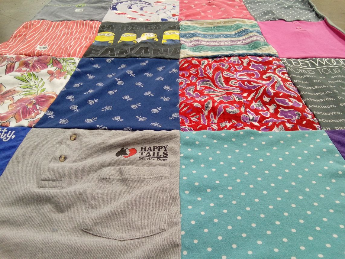 T-shirt quilt with service dogs, music themes by Carlie from AZ