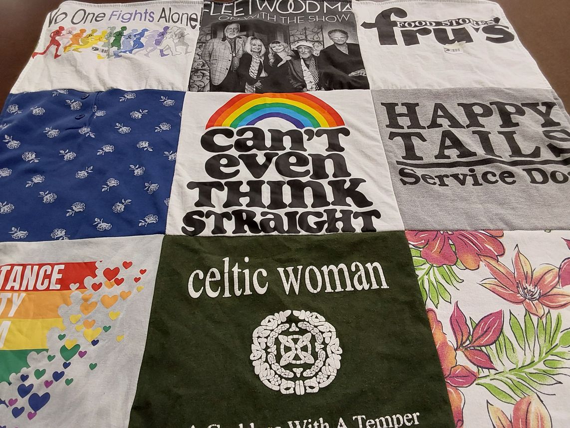 T-shirt quilt with music, lgbtq+ themes by Carlie from AZ