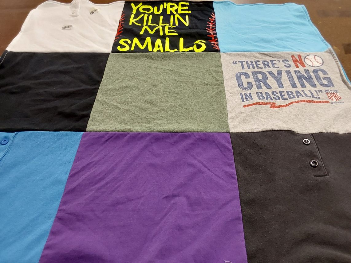 T-shirt quilt with baseball, movies themes by Carlie from AZ