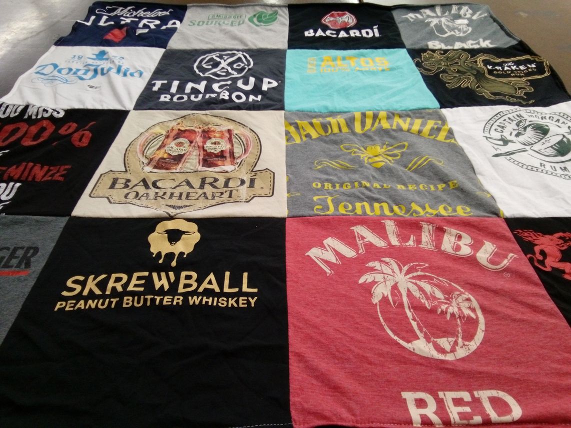 T-shirt quilt with alcohol, spirits themes by tamara from WI