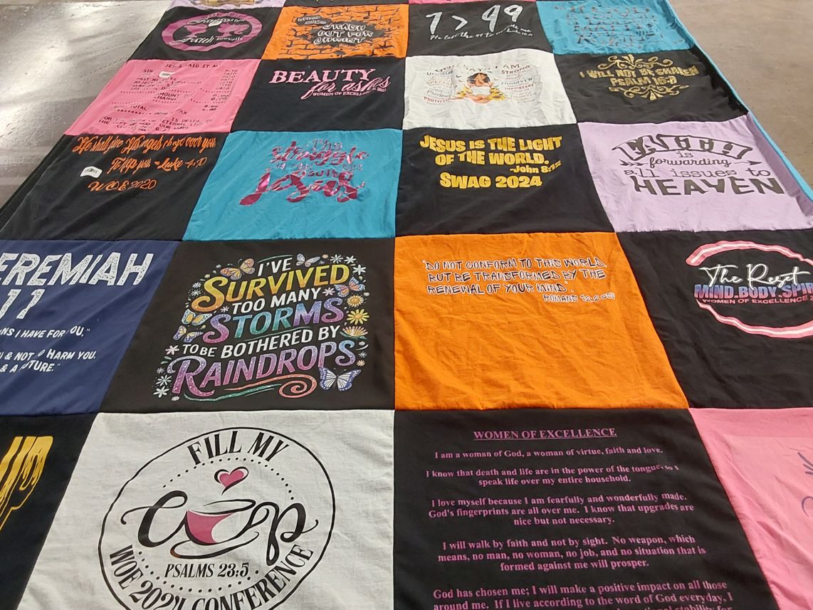 T-shirt quilt with faith, spirituality themes by Delores from IN