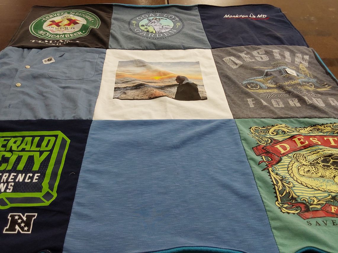 T-shirt quilt with fishing, gardening themes by Courtney from WA