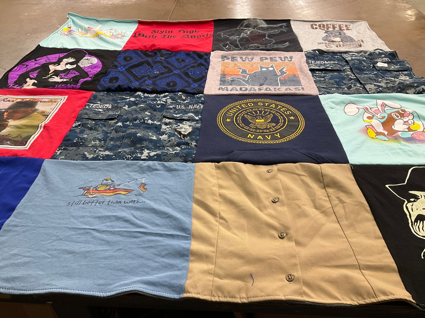 T-shirt quilt with military, fishing themes by Jessica from TX