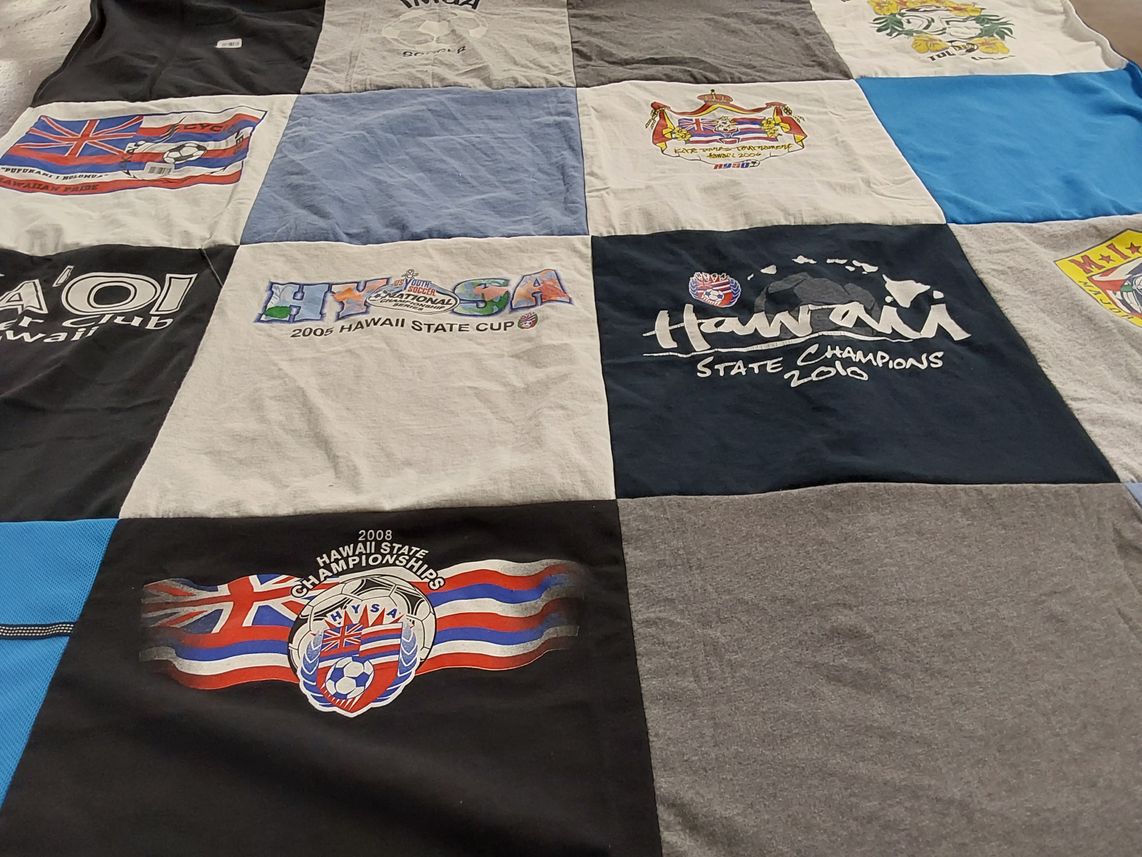T-shirt quilt with soccer, sports themes by Thalia from CA