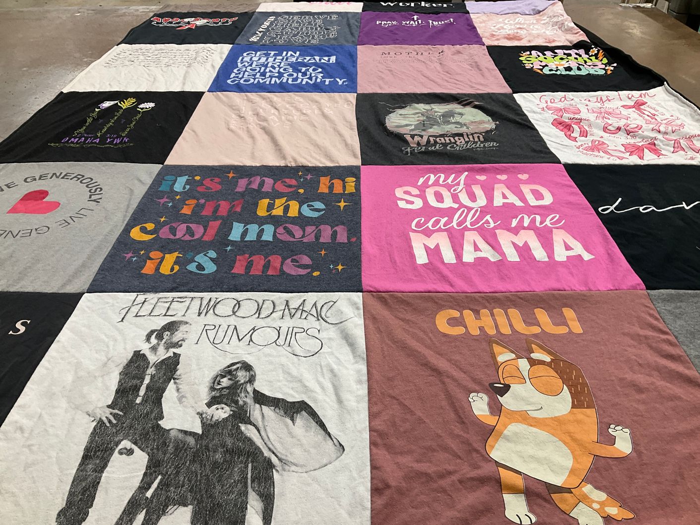 T-shirt quilt with music, parenting themes by Megan from PA