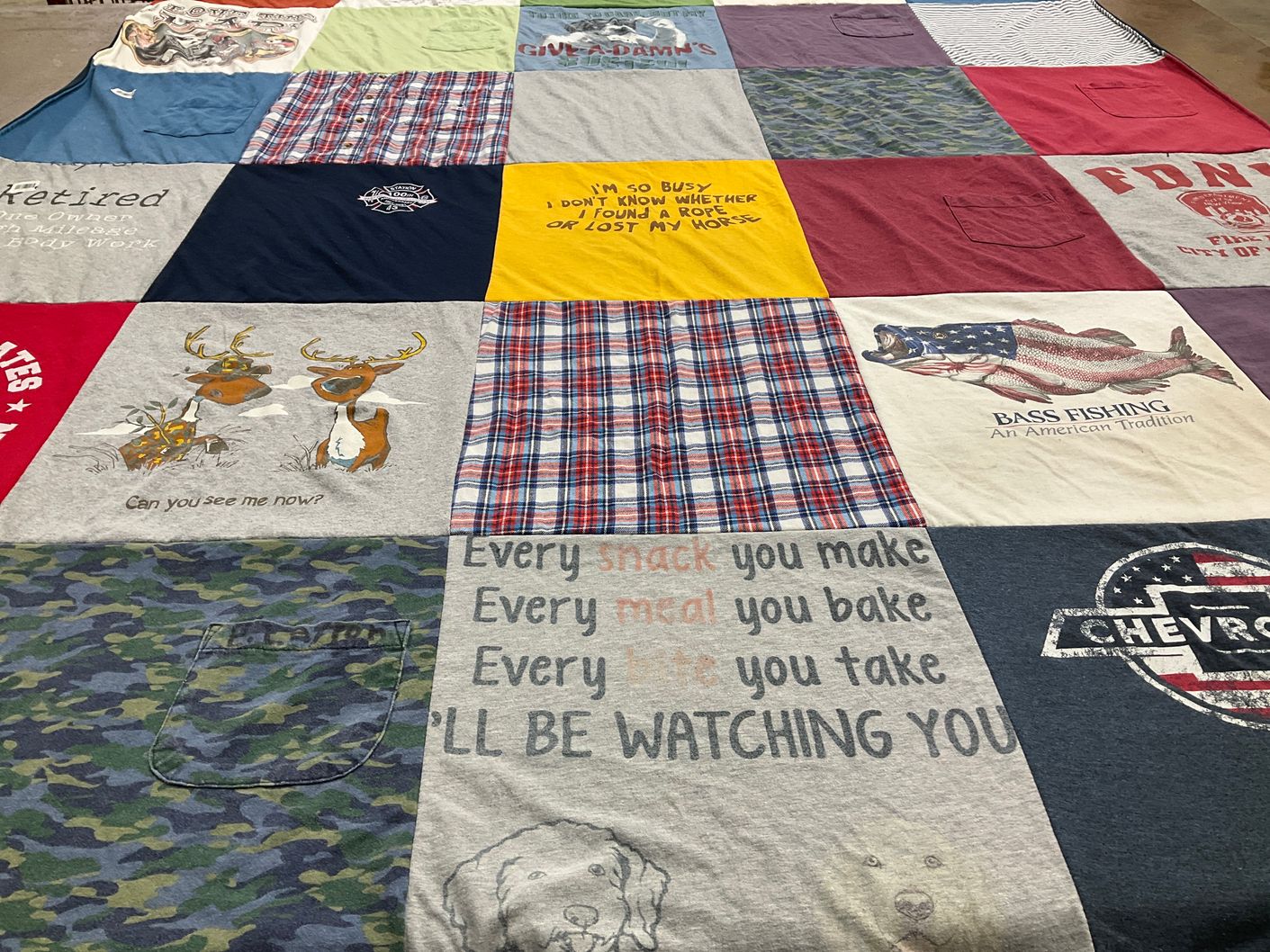 T-shirt quilt with fishing, animals themes by Nora from NJ