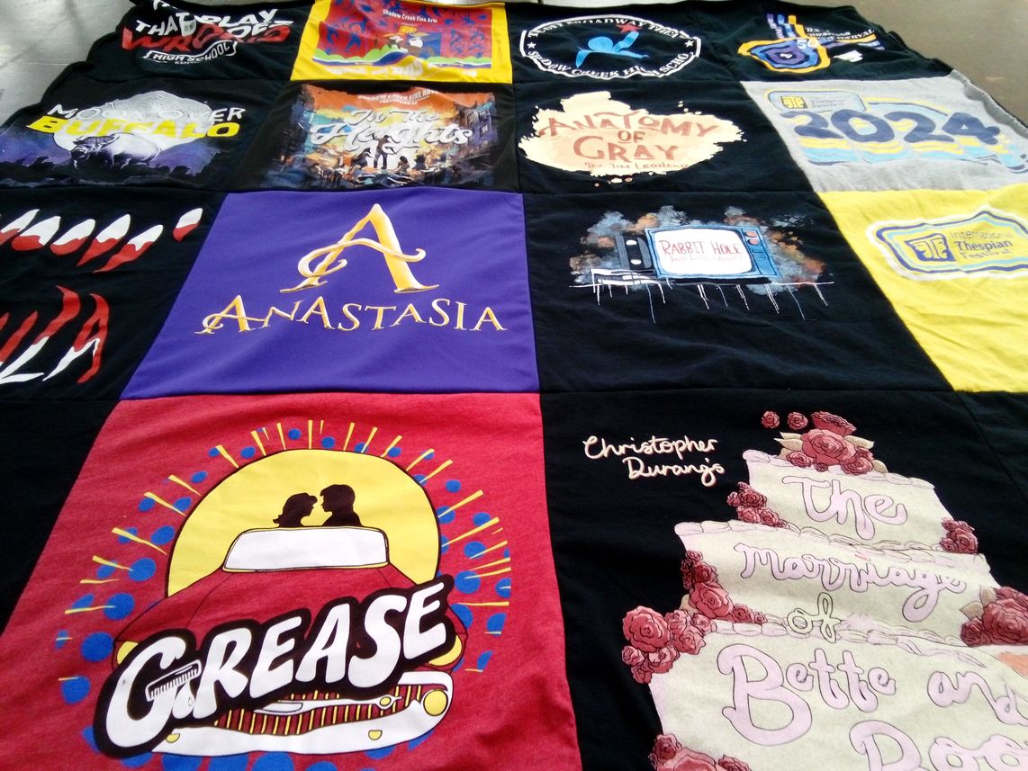 T-shirt quilt with theater, musicals themes by Mary from TX