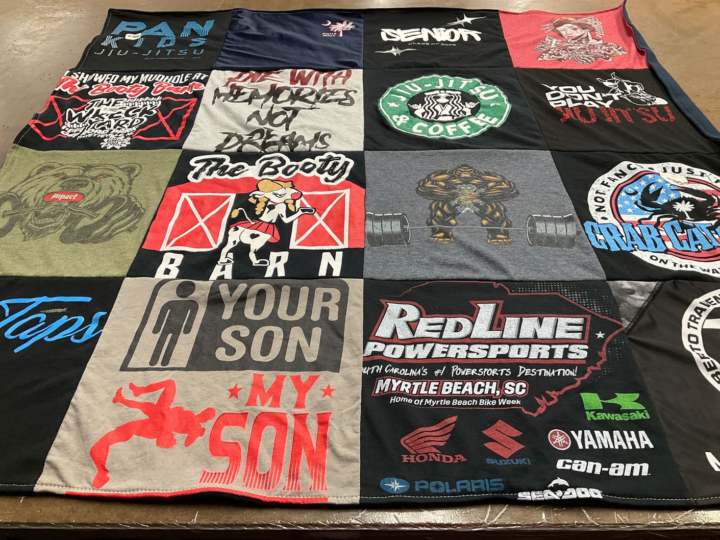 T-shirt quilt with martial arts, motor sports themes by Natalee from SC