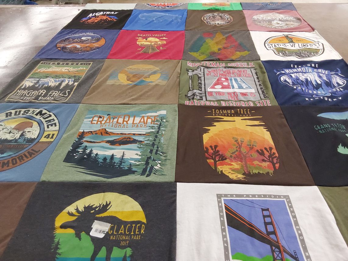 T-shirt quilt with national parks, outdoor adventures themes by Josh from IN