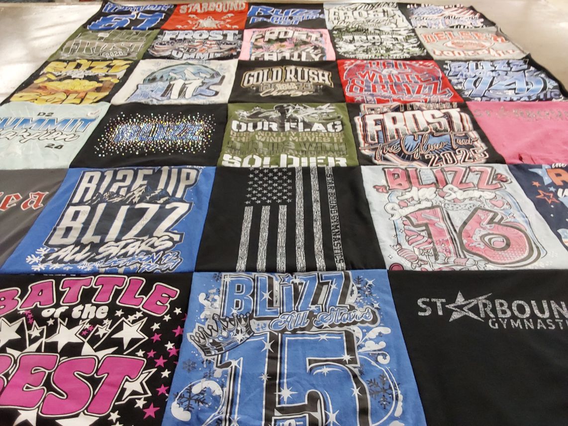 T-shirt quilt with gymnastics themes by Melissa from NJ
