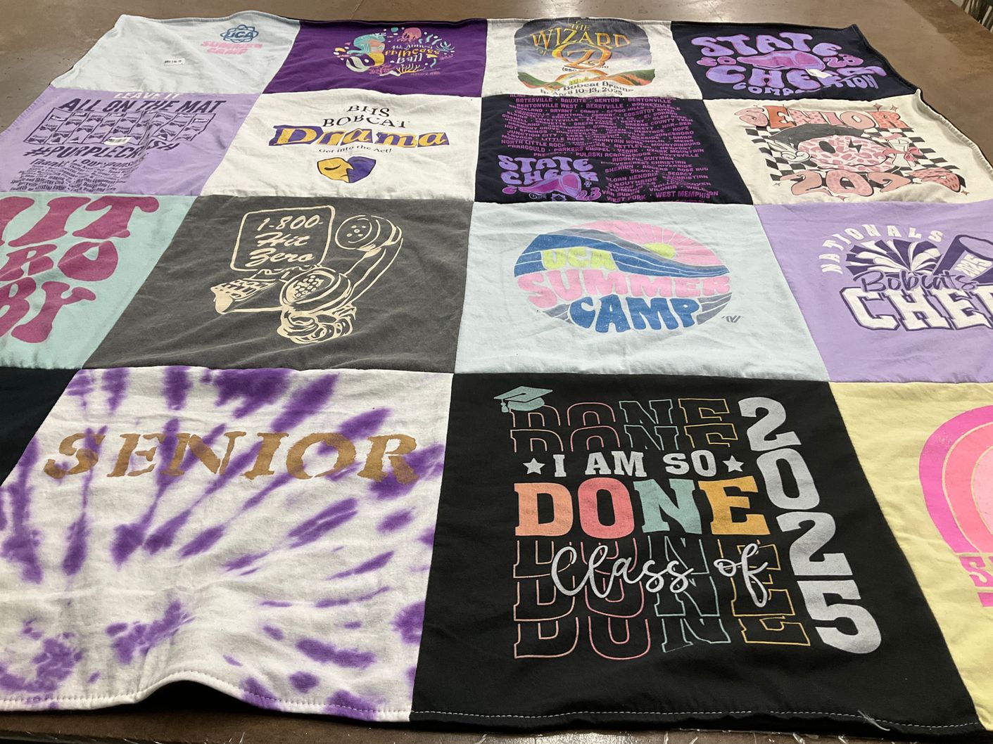 T-shirt quilt with theater, cheerleading themes by Tanya from AR