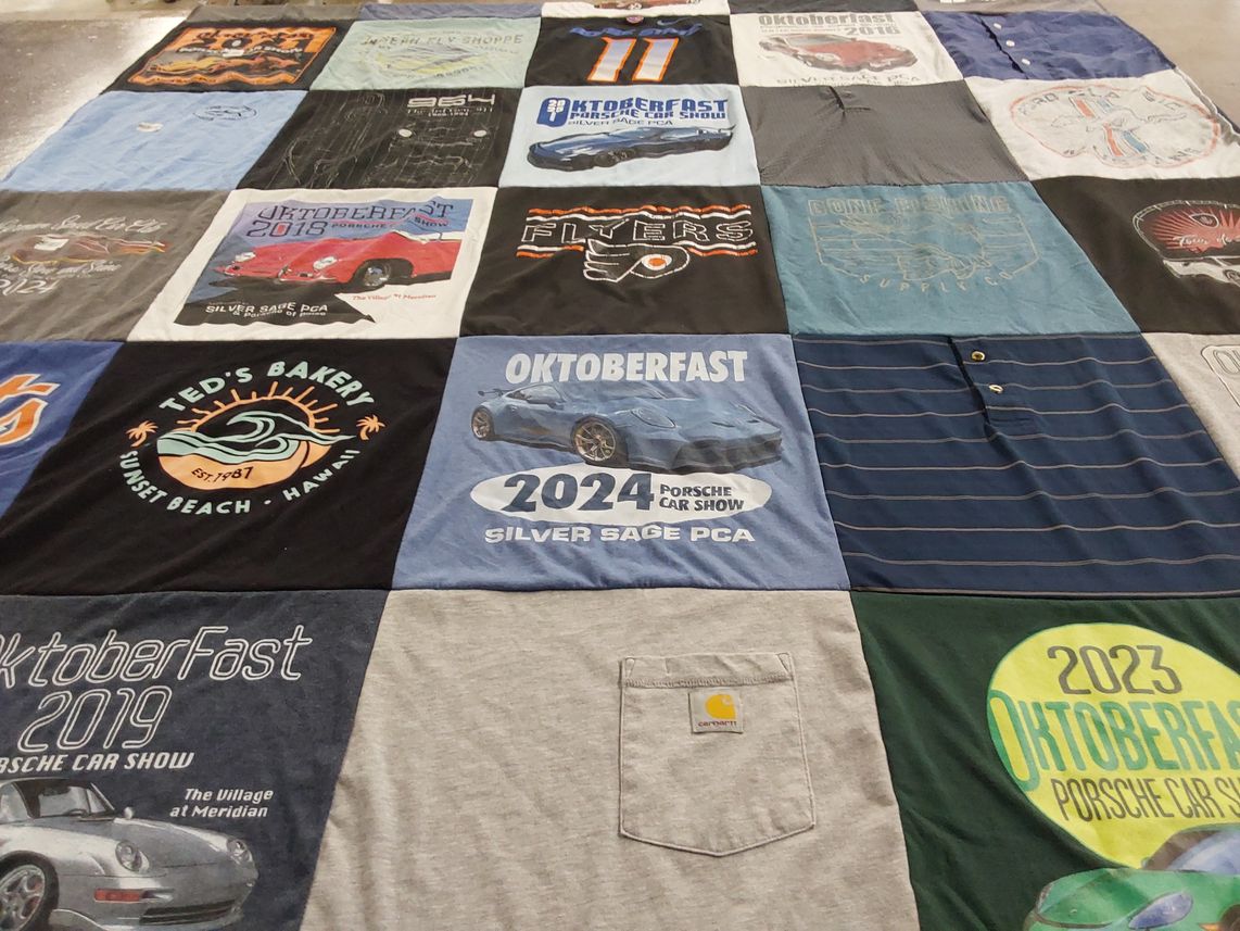 T-shirt quilt with cars, porsche themes by Lori from ID