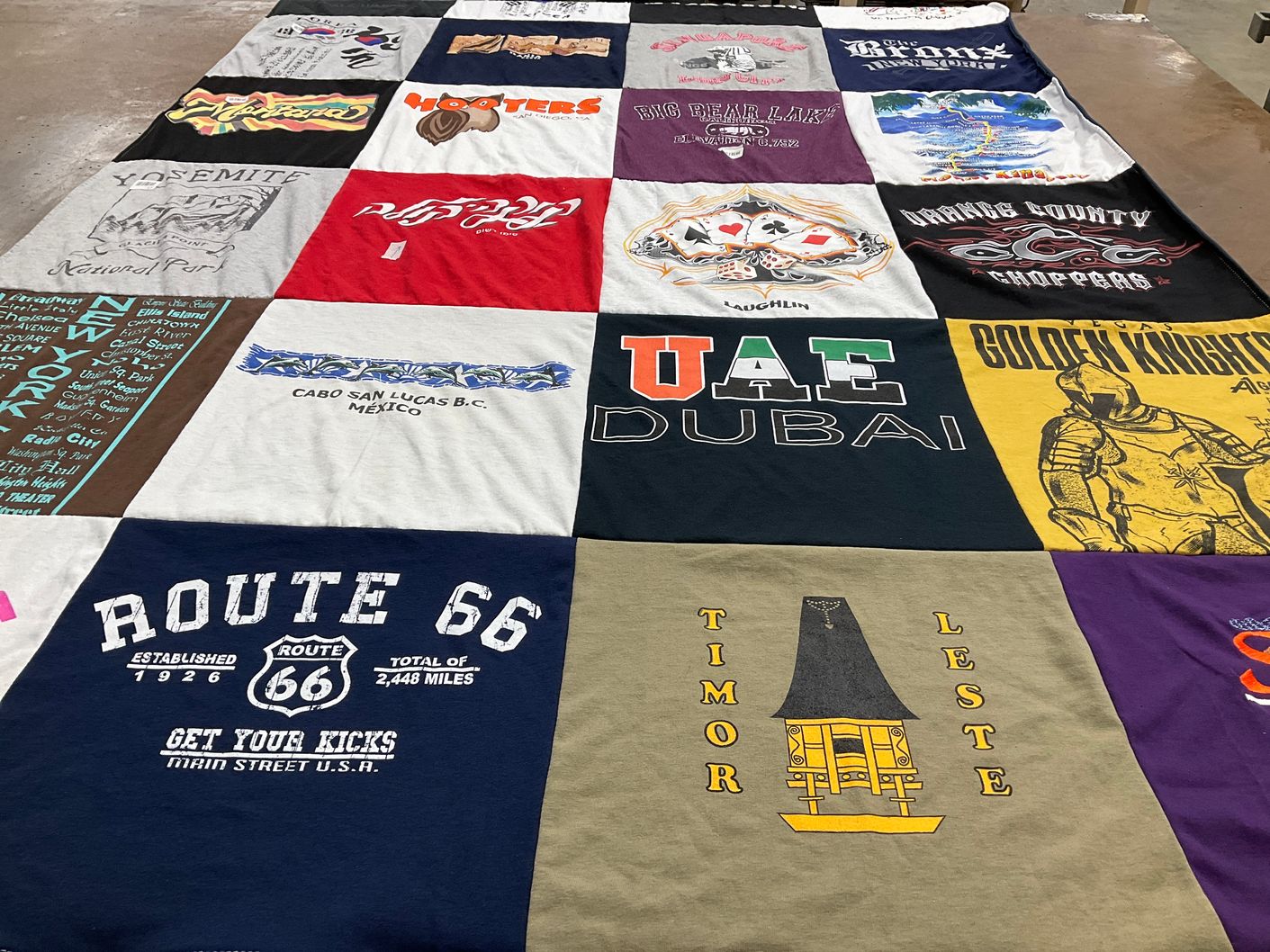 T-shirt quilt with travel, tourism themes by Felice from CA