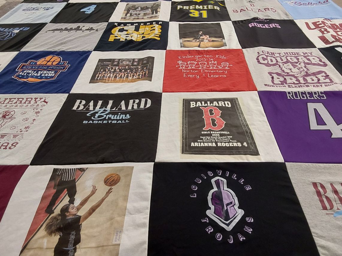 T-shirt quilt featuring ballard bruin basketball, louisville trojans by Laila from KY