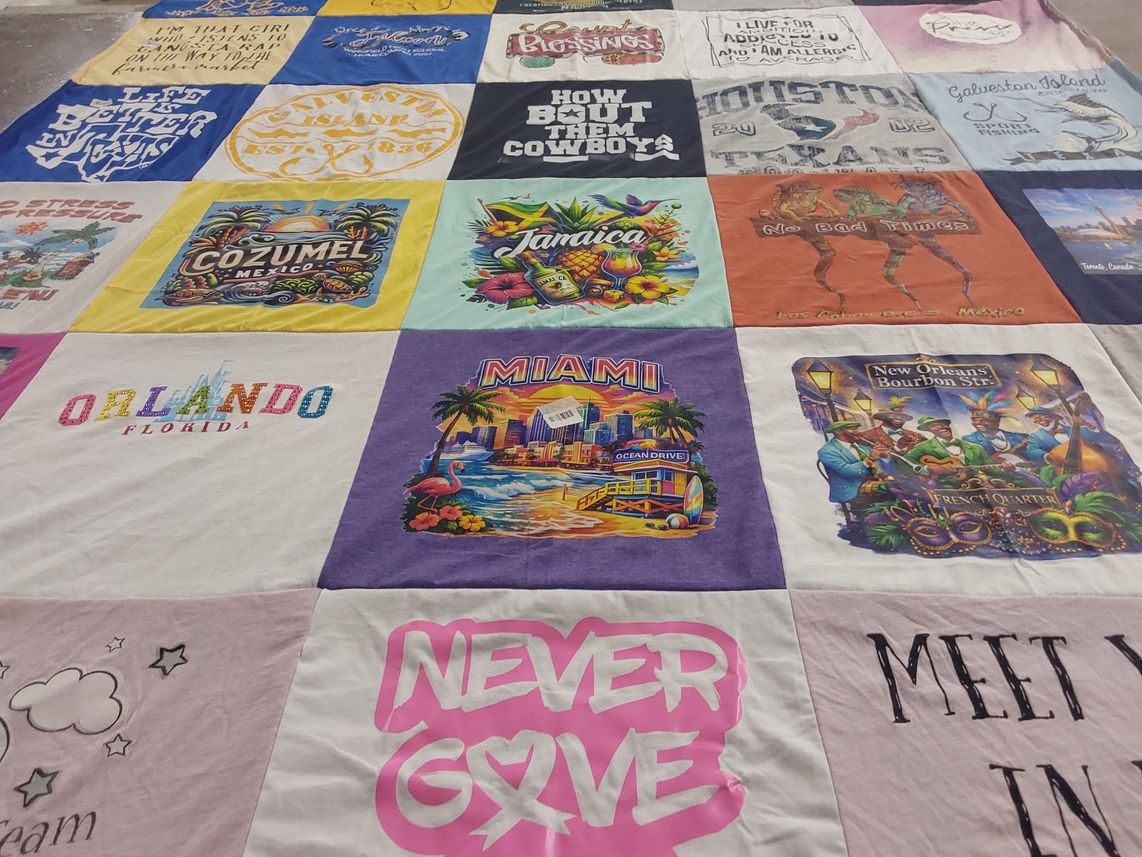 T-shirt quilt with travel, beach themes by Victoria from TX