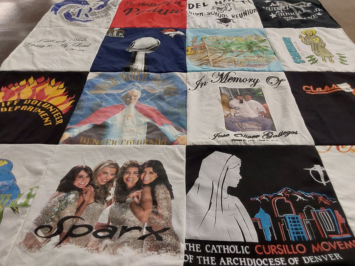 T-shirt quilt with reunions, volunteering themes by Connie from CO