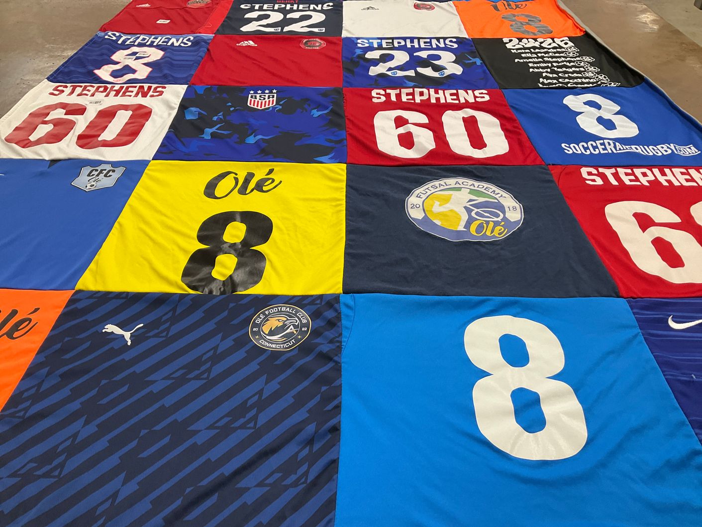 T-shirt quilt with soccer, sports themes by Suzanne from CT