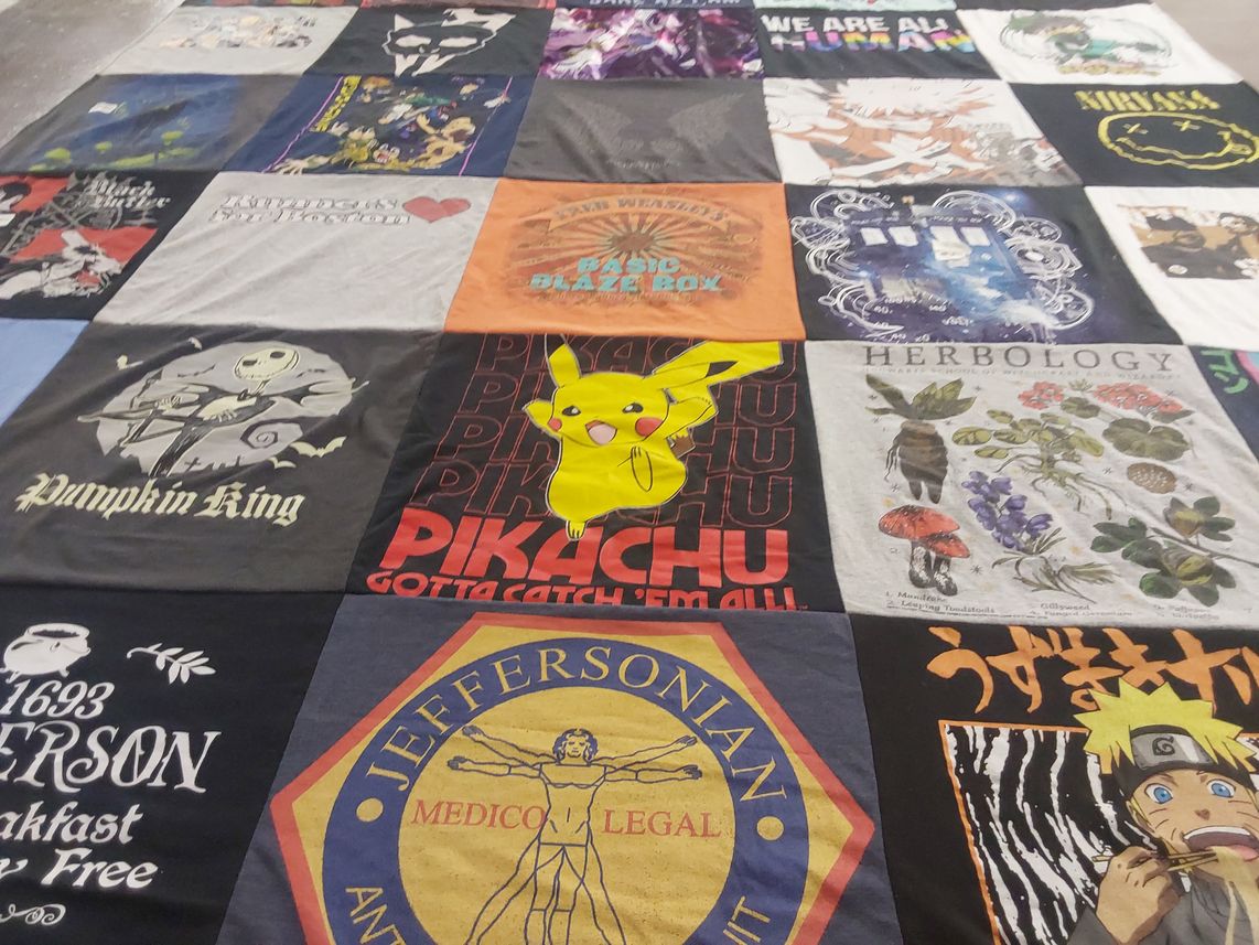 T-shirt quilt with anime, gaming themes by Emily from MD