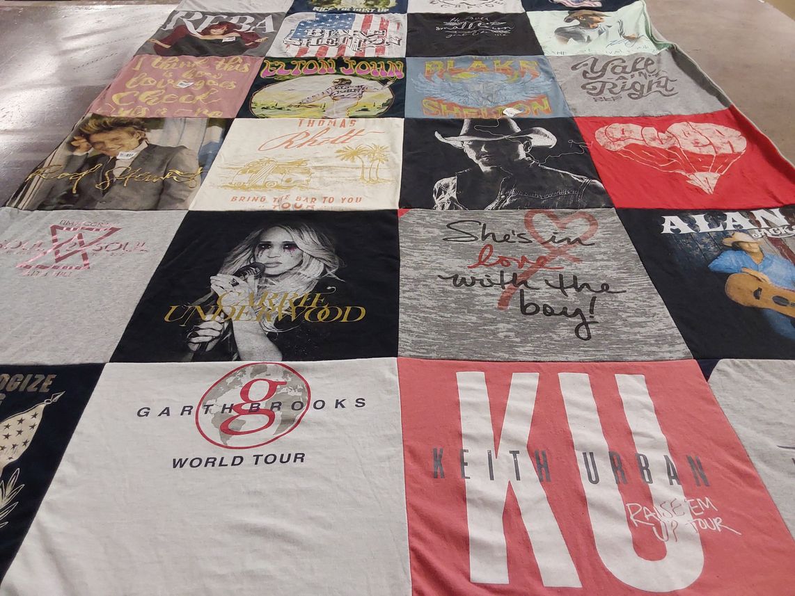 T-shirt quilt with country music, concerts themes by Karla from SD