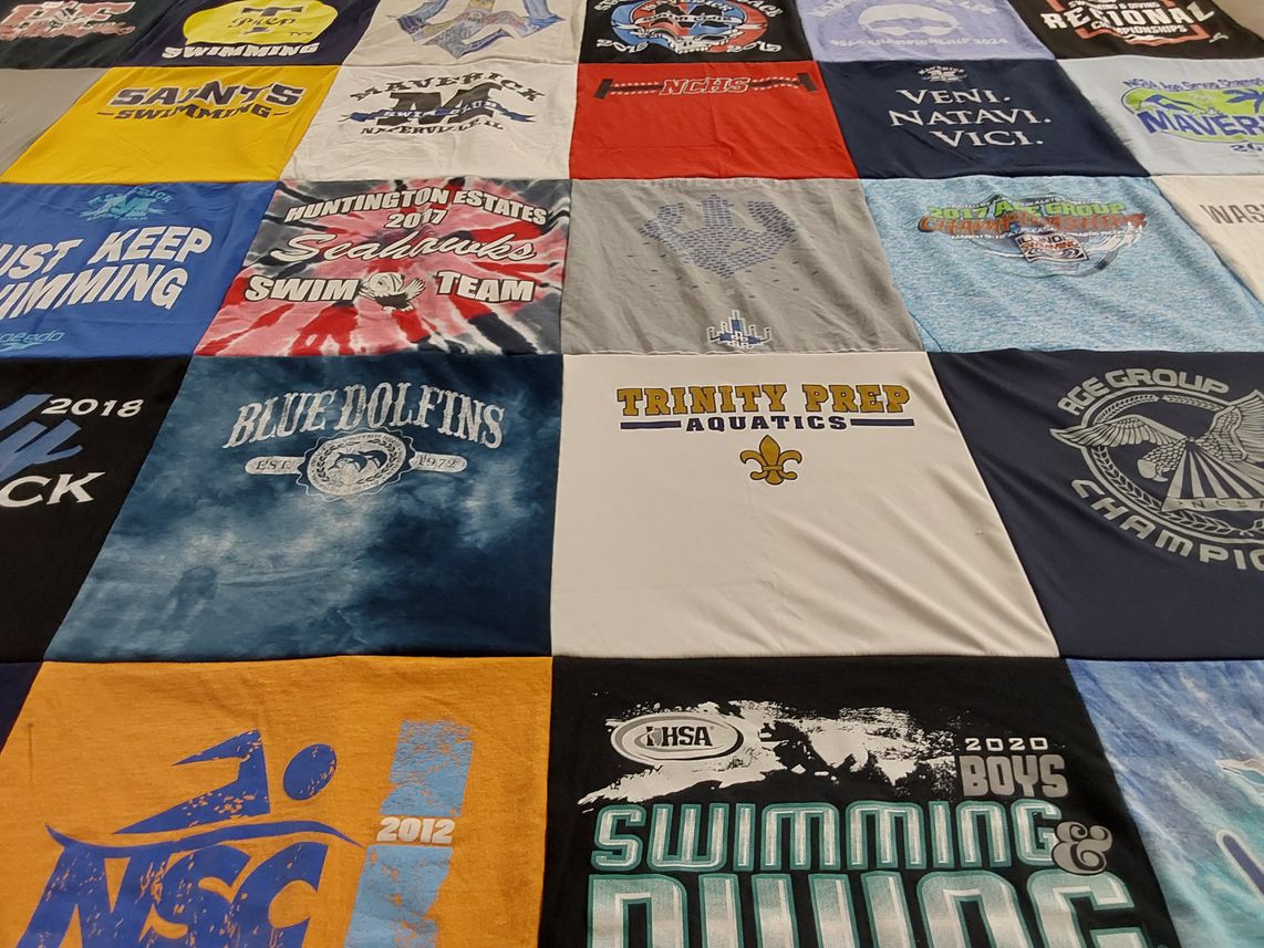 T-shirt quilt featuring huntington estates seahawks swim team, blue dolphins by Kimberly from FL