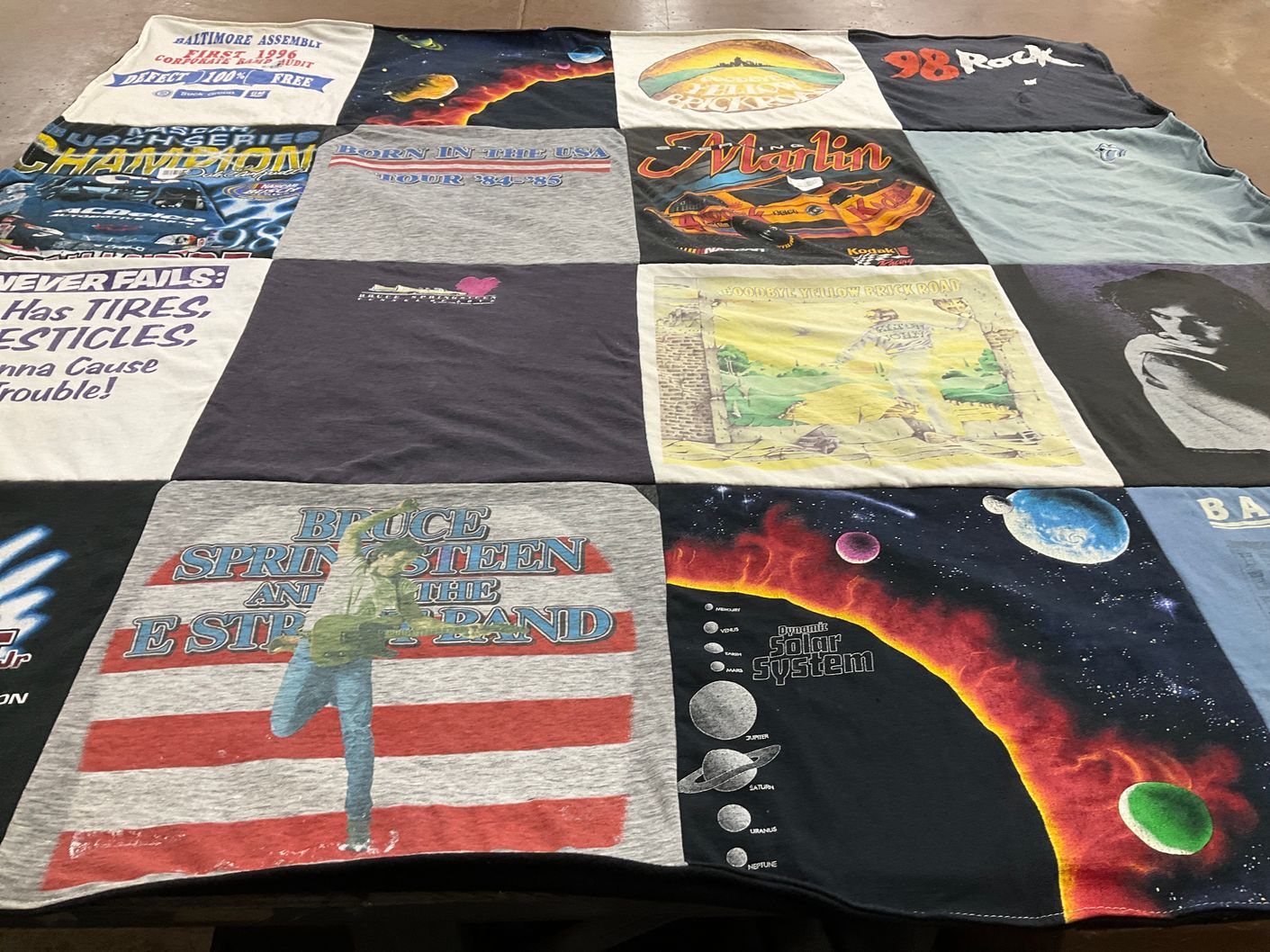 T-shirt quilt with music, astronomy themes by Lisa from CO