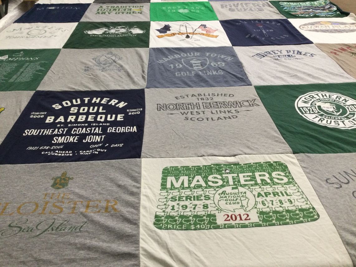 T-shirt quilt with barbecue, golf themes by Shannon from GA