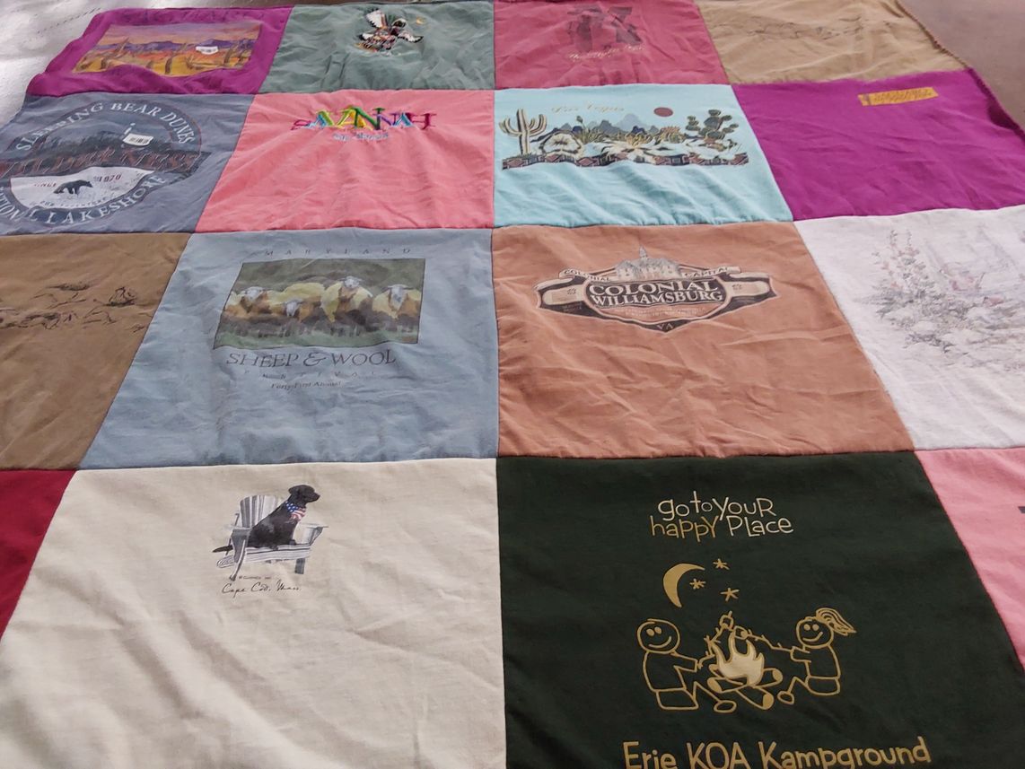 T-shirt quilt with camping, outdoors themes by Eugenie from NY