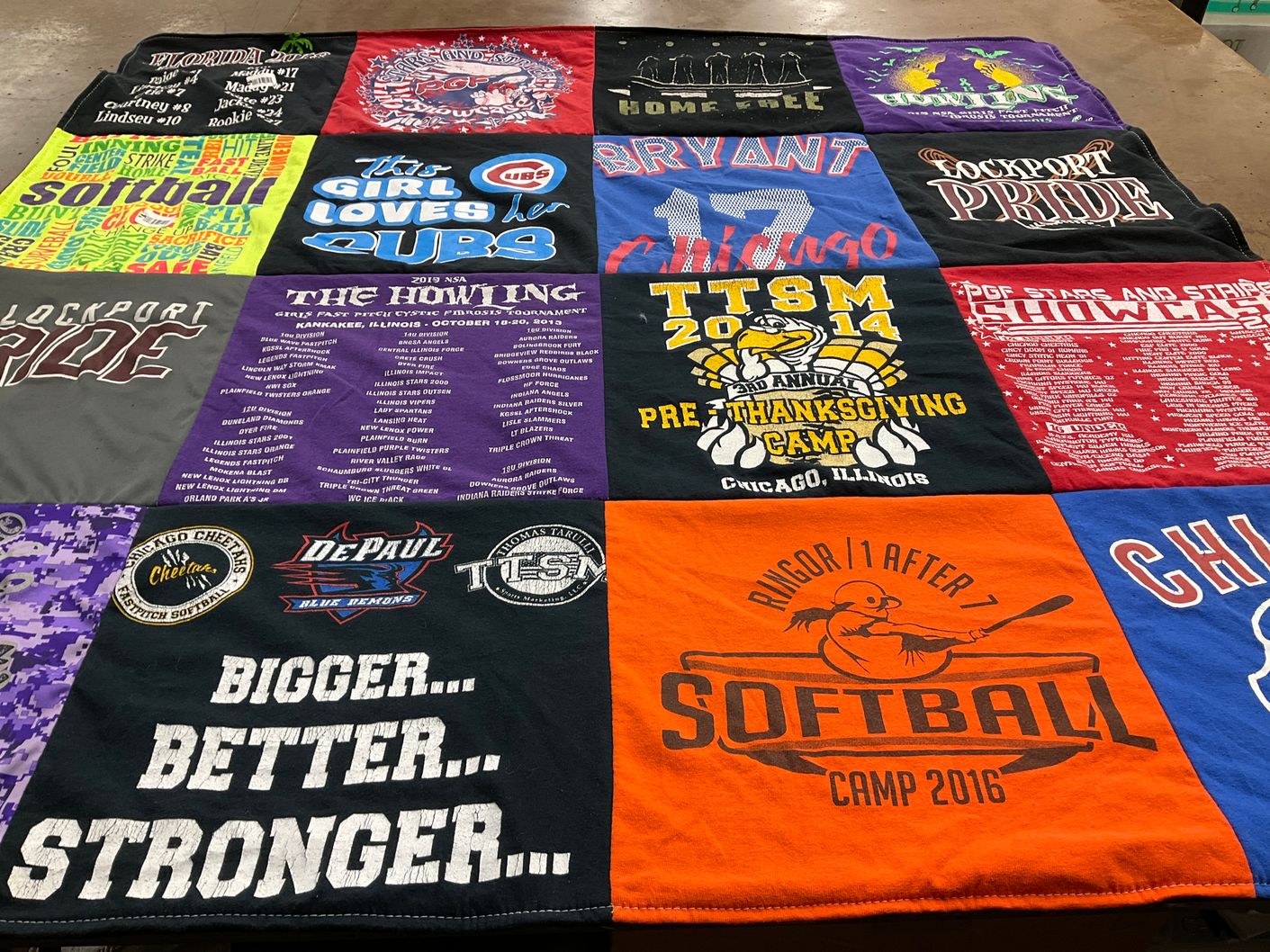 T-shirt quilt from depaul university, bryant university by Sarah from IL