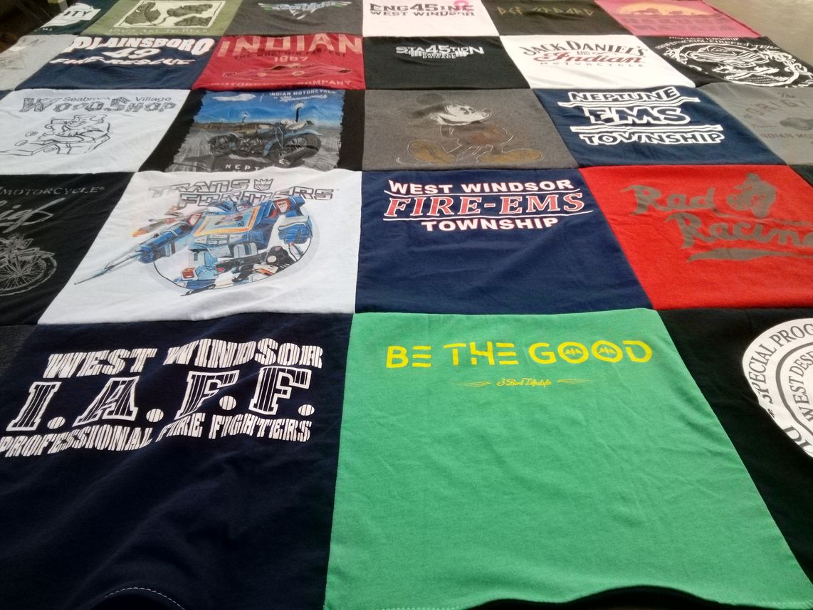 T-shirt quilt with motorcycles, firefighting themes by Brian from NJ