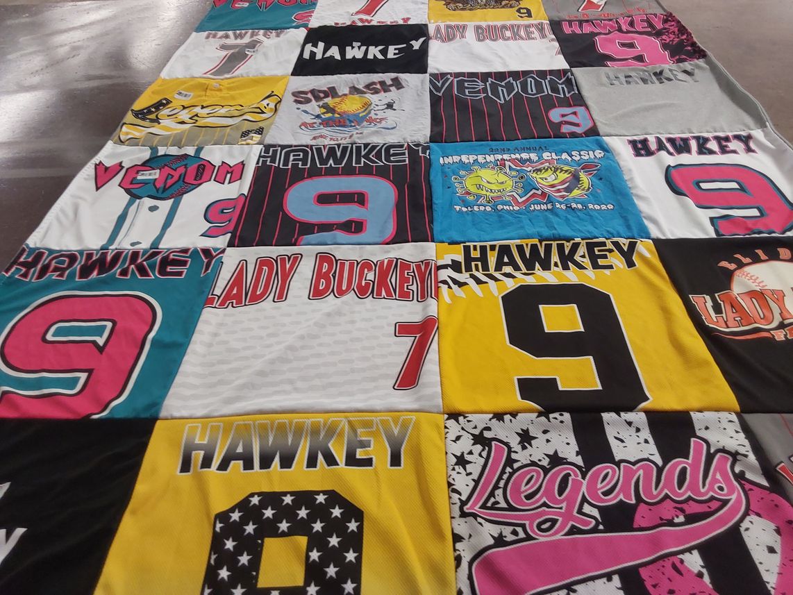 T-shirt quilt featuring hawkey, lady buckeye by Amy from OH