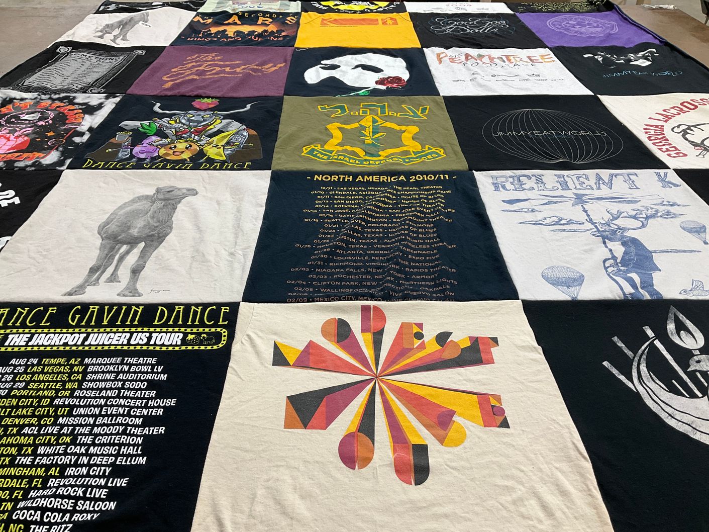 T-shirt quilt with music, concerts themes by Laura from CO