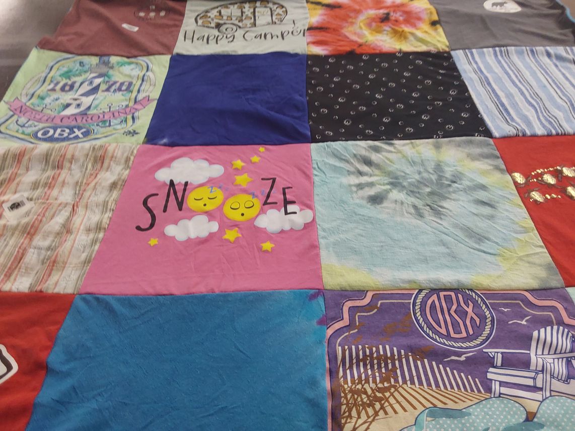 T-shirt quilt with beach, vacation themes by Lori from MO