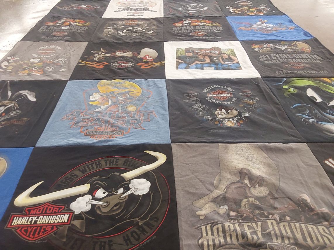 T-shirt quilt with motorcycles, biking themes by Kim from PA