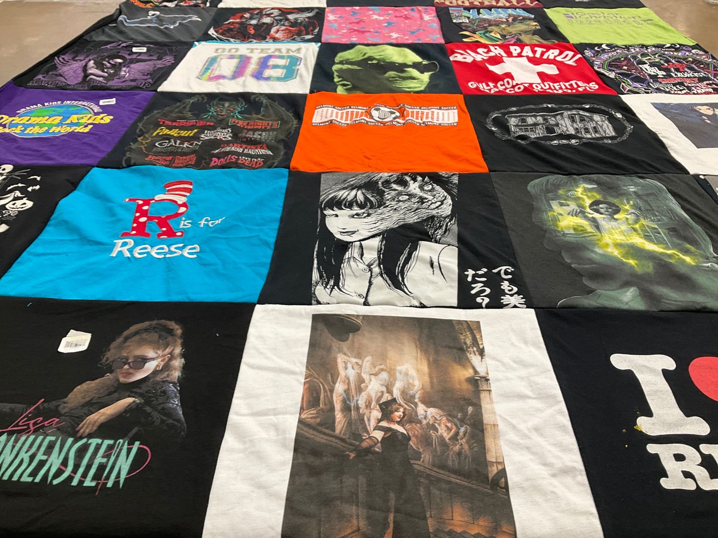 T-shirt quilt with drama, horror themes by Janet from FL