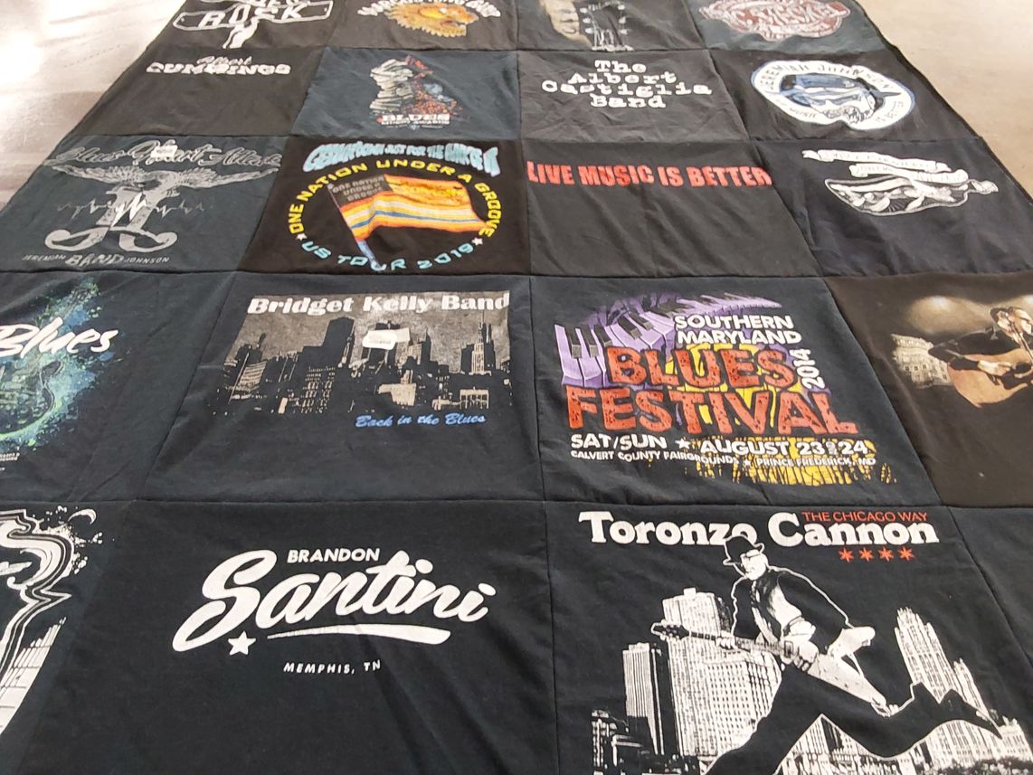 T-shirt quilt with music, blues themes by Charlene from FL