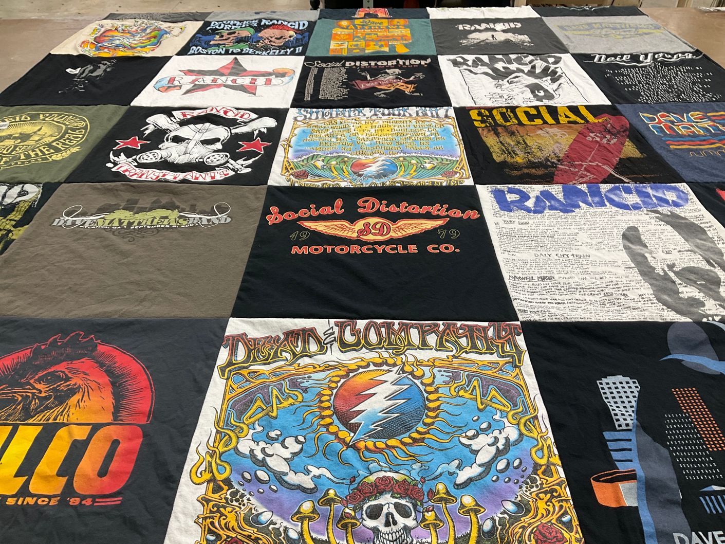 T-shirt quilt with music, punk rock themes by Dave from AZ