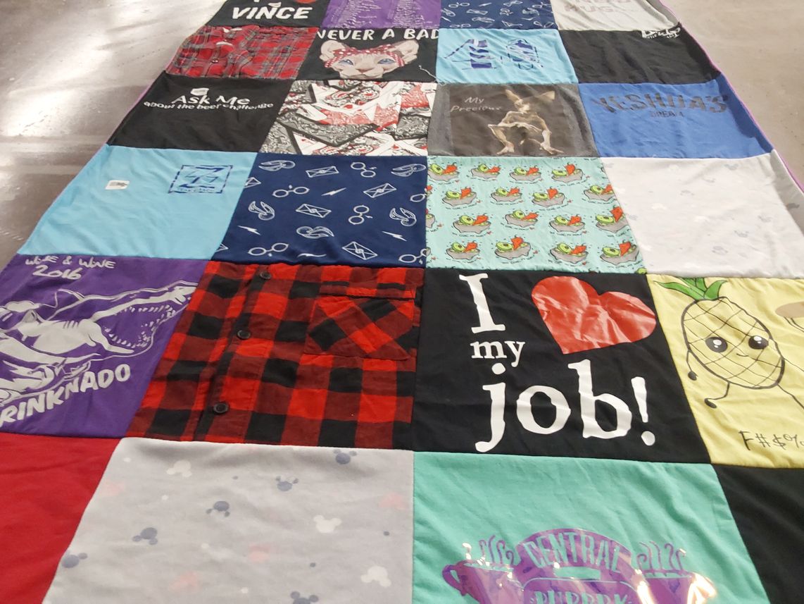 T-shirt quilt with drinking, television themes by Lisa from UT