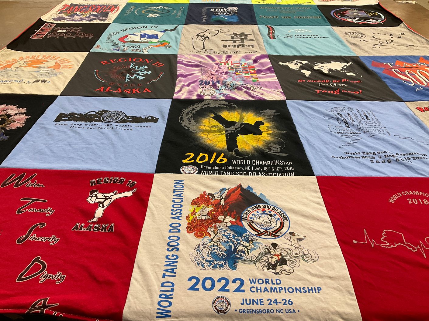 T-shirt quilt with martial arts themes by Nancy from AK