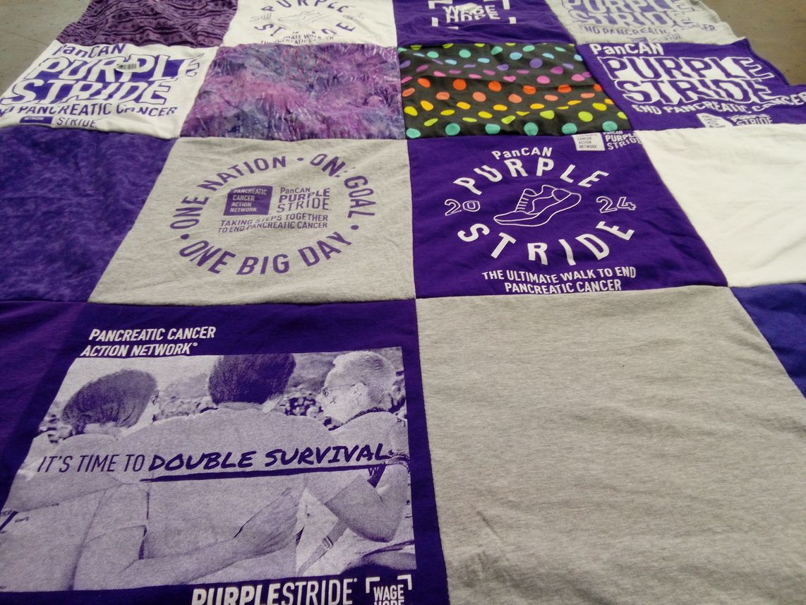 T-shirt quilt with pancreatic cancer awareness, fundraising themes by Jenica from CA