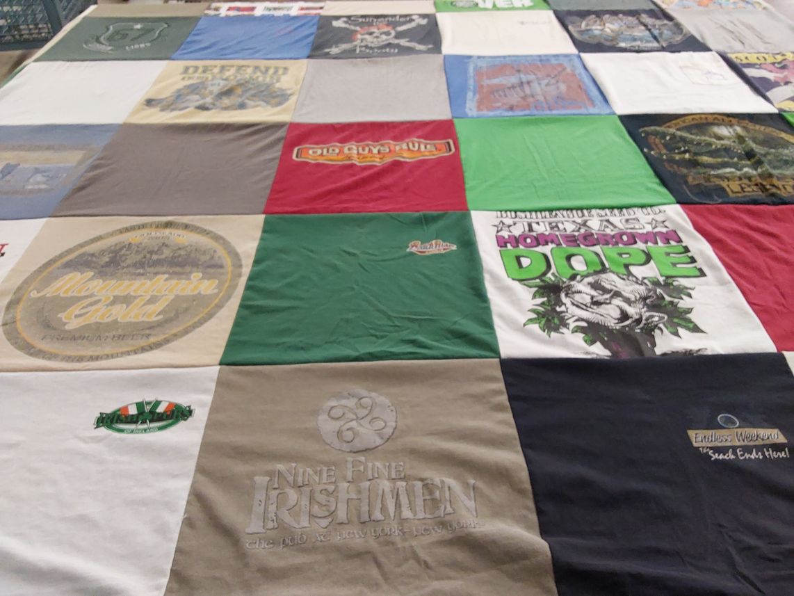 T-shirt quilt with craft beer, outdoor activities themes by Toni from SC