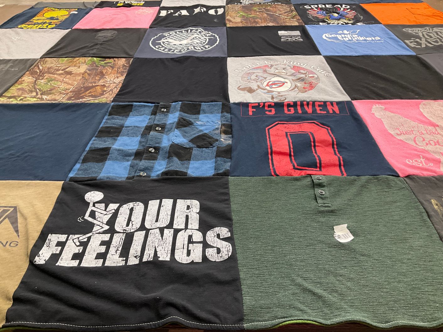 T-shirt quilt with fishing, outdoors themes by Kelli from GA