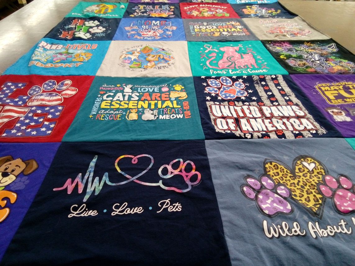 T-shirt quilt with animal rescue, pets themes by Kate from TX