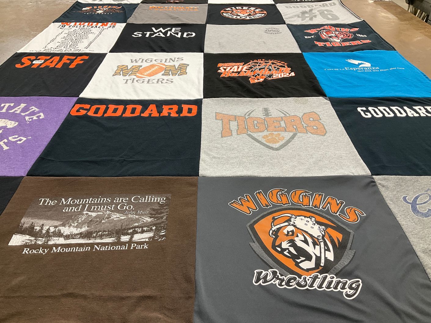 T-shirt quilt featuring wiggins tigers, goddard tigers by Patricia from CO